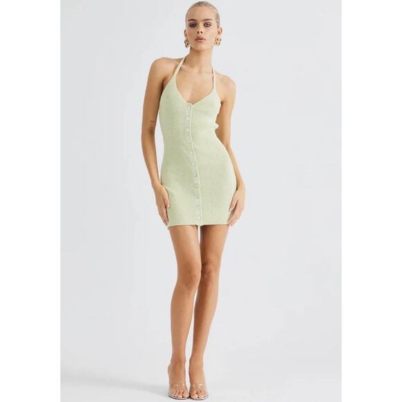 NWT Sndys Arles Halter Mini Dress XL Pear Sage Green Knit Button Front Bodycon - Picture 1 of 11